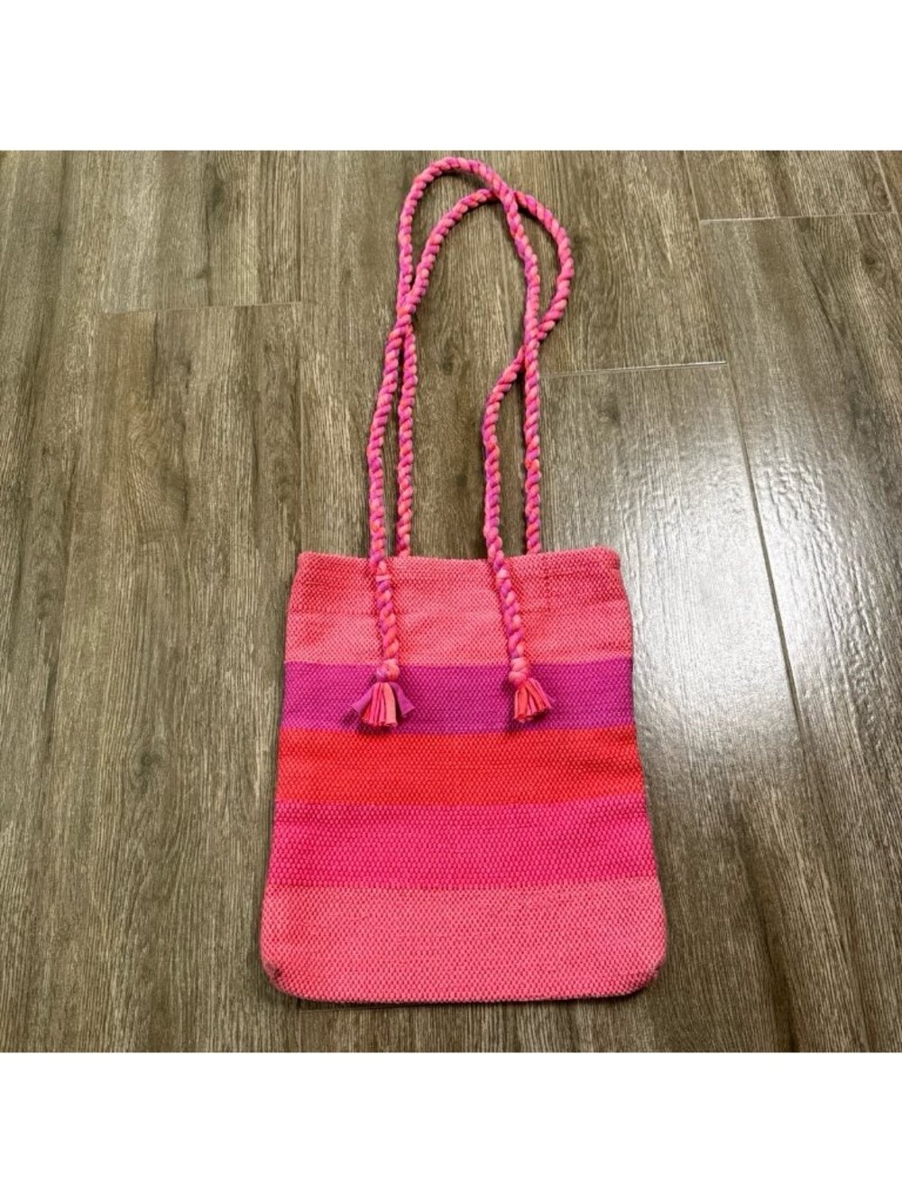 Woven Striped Pink Tote Bag with Tassels